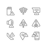 Common electronic device issues pixel perfect linear icons set. Warning signal. Computer problem. Customizable thin line symbols. Isolated vector outline illustrations. Editable stroke