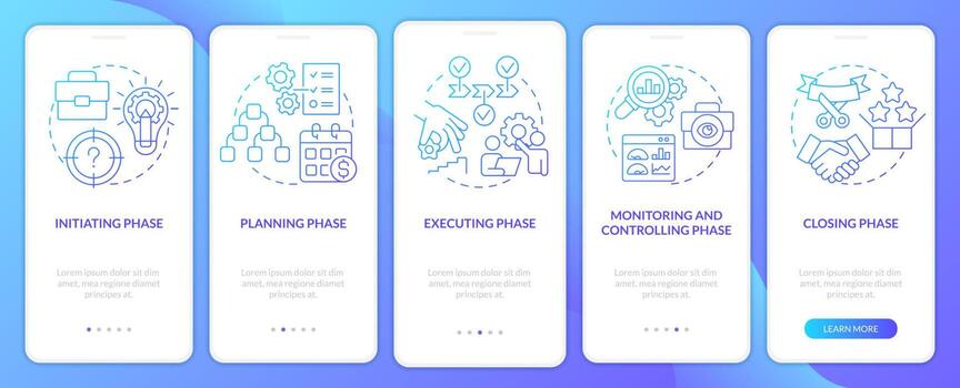 Phases of project management blue gradient onboarding mobile app screen. Walkthrough 5 steps graphic instructions with linear concepts. UI, UX, GUI template. vector