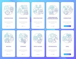 PESTLE in project management blue gradient onboarding mobile app screen set. Walkthrough 5 steps graphic instructions with linear concepts. UI, UX, GUI template. vector