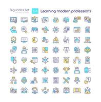 Learning modern professions RGB color icons set. Professional education. Isolated vector illustrations. Simple filled line drawings collection. Editable stroke.