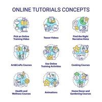 Online tutorials concept icons set. Distant learning. Virtual education idea thin line color illustrations. Isolated symbols. Editable stroke. vector