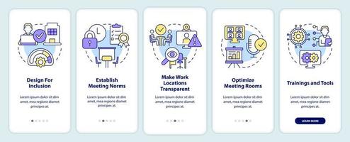 Creating hybrid environment onboarding mobile app screen. Workplace walkthrough 5 steps editable graphic instructions with linear concepts. UI, UX, GUI template. vector