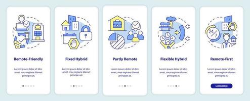 Hybrid work models onboarding mobile app screen. Workplace walkthrough 5 steps editable graphic instructions with linear concepts. UI, UX, GUI template. vector