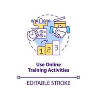 Use online training activities concept icon. Practice. Remote learning via video abstract idea thin line illustration. Isolated outline drawing. Editable stroke. vector