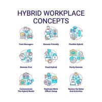Hybrid workplace concept icons set. Remote and in office work shifts. Flexible schedule idea thin line color illustrations. Isolated symbols. Editable stroke.