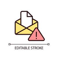 Email warning pixel perfect RGB color icon. Send and receive digital letter. Online interaction failure. Isolated vector illustration. Simple filled line drawing. Editable stroke.