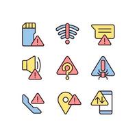 Common electronic device issues pixel perfect RGB color icons set. Warning signal. Computer problem. Isolated vector illustrations. Simple filled line drawings collection. Editable stroke