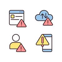 Website access denied pixel perfect RGB color icons set. Cloud data storage issue. Smartphone breakage. Isolated vector illustrations. Simple filled line drawings collection. Editable stroke