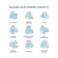 conjunto de iconos de concepto turquesa de desarrollo de vivienda. procesos de construcción de edificios idea ilustraciones en color de línea delgada. símbolos aislados. trazo editable. vector