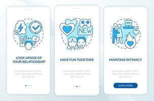 Keep passion in relationship tips blue onboarding mobile app screen. Walkthrough 3 steps editable graphic instructions with linear concepts. UI, UX, GUI template. vector