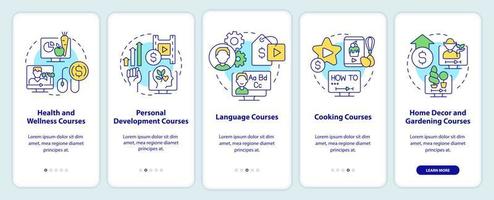 Online tutorials ideas onboarding mobile app screen. Walkthrough 5 steps editable graphic instructions with linear concepts. UI, UX, GUI template. vector