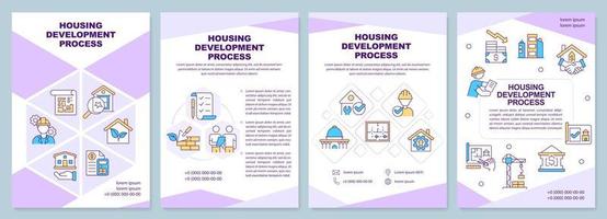 Housing development process purple brochure template. Building. Leaflet design with linear icons. Editable 4 vector layouts for presentation, annual reports.