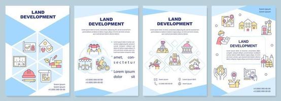 plantilla de folleto azul de desarrollo de tierras. mejora. diseño de folletos con iconos lineales. 4 diseños vectoriales editables para presentación, informes anuales. vector