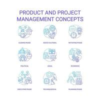 Product and project management blue gradient concept icons set. From manufacture to promotion idea thin line color illustrations. Isolated symbols.