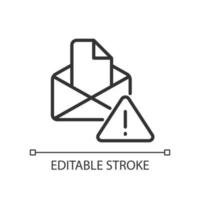 Email warning pixel perfect linear icon. Send and receive digital letter. Online interaction failure. Thin line illustration. Contour symbol. Vector outline drawing. Editable stroke.