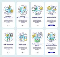 Online education fields onboarding mobile app screen set. Walkthrough 4 steps editable graphic instructions with linear concepts. UI, UX, GUI template. vector