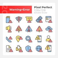 Warning signals pixel perfect RGB color icons set. Problem and issue. Isolated vector illustrations. Simple filled line drawings collection. Editable stroke. Montserrat Bold, Light fonts used