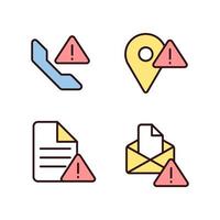 Communication problems pixel perfect RGB color icons set. Document is not sent. Calling error. Messenger issue. Isolated vector illustrations. Simple filled line drawings collection. Editable stroke