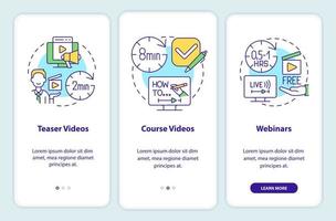 Online tutorials types onboarding mobile app screen. Walkthrough 3 steps editable graphic instructions with linear concepts. UI, UX, GUI template. vector