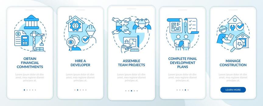 Advices for housing development blue onboarding mobile app screen. Walkthrough 5 steps editable graphic instructions with linear concepts. UI, UX, GUI template. vector