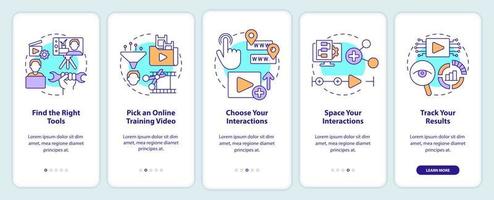 Creating educational video onboarding mobile app screen. Walkthrough 5 steps editable graphic instructions with linear concepts. UI, UX, GUI template. vector