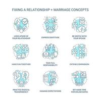 Fixing relationship and marriage turquoise concept icons set. Healthy communication idea thin line color illustrations. Isolated symbols. Editable stroke. vector