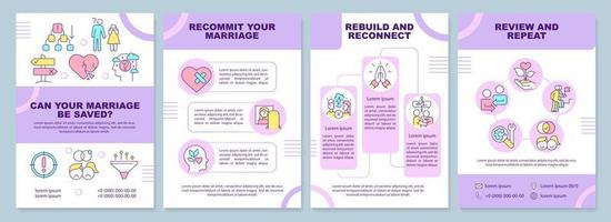 Can marriage be saved purple brochure template. Reconnection. Leaflet design with linear icons. Editable 4 vector layouts for presentation, annual reports.