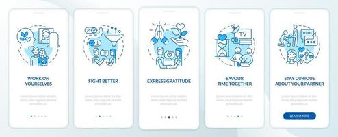 How to improve relationship blue onboarding mobile app screen. Walkthrough 5 steps editable graphic instructions with linear concepts. UI, UX, GUI template. vector