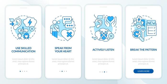 Healing relationship after argument blue onboarding mobile app screen. Walkthrough 4 steps editable graphic instructions with linear concepts. UI, UX, GUI template. vector