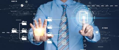 Document Management System DMS, online documentation database and process automation to efficiently manage files, knowledge and documentation in enterprise with ERP. Corporate business technology. photo