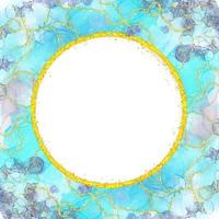 Blue Turquoise Watercolor Alcohol Ink With Circle Gold Glitter Frame Holiday Bokeh Background photo