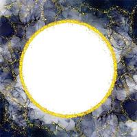 Dark Navy Blue Watercolor Alcohol Ink With Circle Gold Glitter Frame Holiday Bokeh Background photo