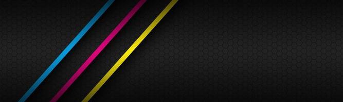 Black modern material header with overlapped layers and diagonal lines in cmyk colors. Template for your business. Vector abstract widescreen banner