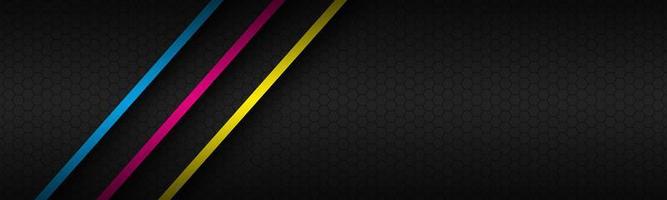 Black modern material header with overlapped layers and diagonal lines in cmyk colors. Template for your business. Vector abstract widescreen banner