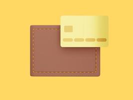 billetera cerrada con tarjeta de crédito sobre fondo amarillo. concepto de pago. ahorro, icono de enriquecimiento. representación 3d foto