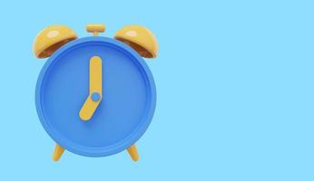 Minimal blue cartoon alarm clock. 3D rendering. Icon on blue background, space for text. photo