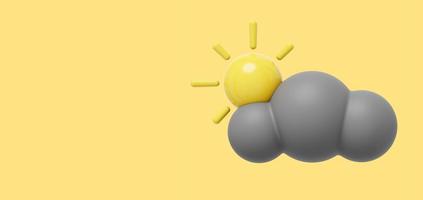 nube gris de dibujos animados con sol. representación 3d icono sobre fondo amarillo, espacio para texto. foto