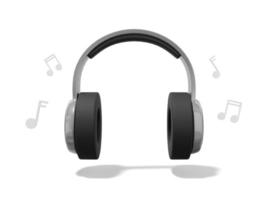 representación 3d auriculares grises realistas con notas musicales sobre fondo blanco. vista frontal. foto