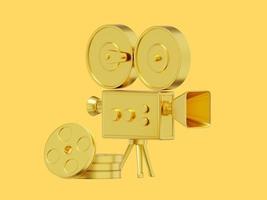 Vintage gold cartoon style movie camera. Funny retro video camera. 3D rendering. Icon on yellow background photo