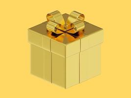 Realistic gold gift box with ribbon. 3D rendering. Icon on yellow background photo