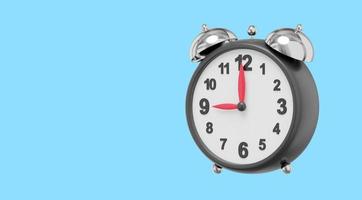 Realistic vintage alarm clock, side view. 3D rendering. Icon on blue background, space for text. photo
