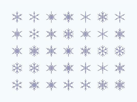 Vector line icon set of various dark blue snowflakes on white background. Winter concept