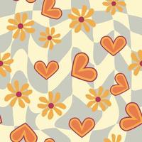 Love heart, daisies, waves of positivity retro 70s seamless pattern. Yellow, orange, red scattered heart shapes on a swirling background vector