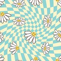 Retro Smile Chamomile Seamless Pattern on 1970 Wavy Swirl Seamless Pattern. Hippie Aesthetic. vector