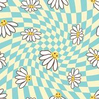 Retro Smile Chamomile Seamless Pattern on 1970 Wavy Swirl Seamless Pattern. Hippie Aesthetic. vector