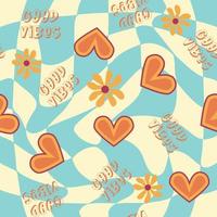 Love heart, daisies, waves of positivity retro 70s seamless pattern. Yellow, orange, red scattered heart shapes on a swirling background vector