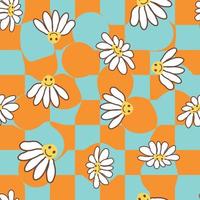 Retro Smile Chamomile Seamless Pattern on 1970 Wavy Swirl Seamless Pattern. Hippie Aesthetic. vector