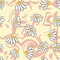 Retro Smile Chamomile Seamless Pattern on 1970 Wavy Swirl Seamless Pattern. Hippie Aesthetic. vector