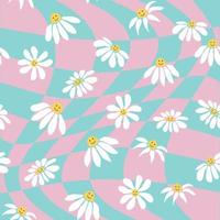 Retro Smile Chamomile Seamless Pattern on 1970 Wavy Swirl Seamless Pattern. Hippie Aesthetic. vector