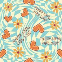 Love heart, daisies, waves of positivity retro 70s seamless pattern. Yellow, orange, red scattered heart shapes on a swirling background vector